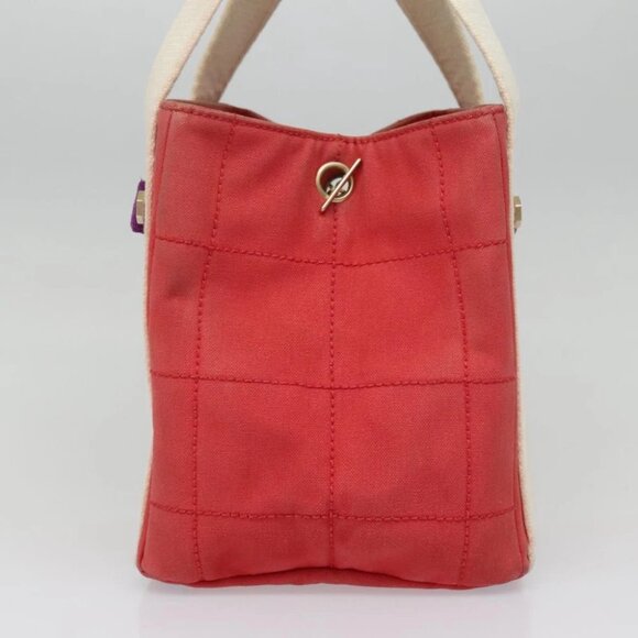 CHANEL Choco Bar Tote Bag Canvas Red Gold CC Auth bs18523 - Picture 4 of 14